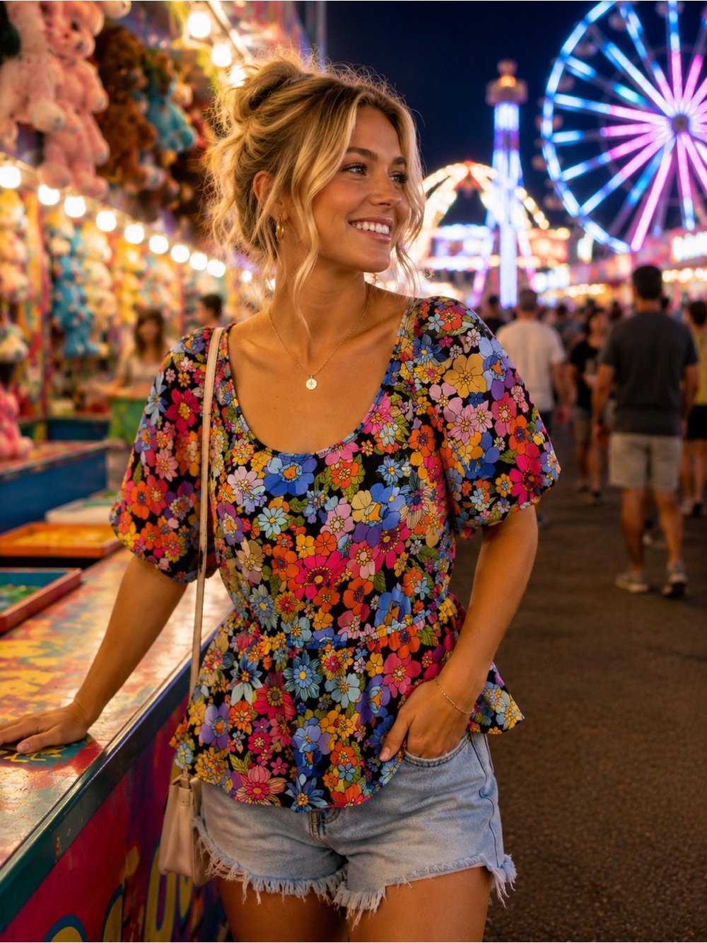 Sienna Sky Multicolor Floral Puff-Sleeve Peplum Top